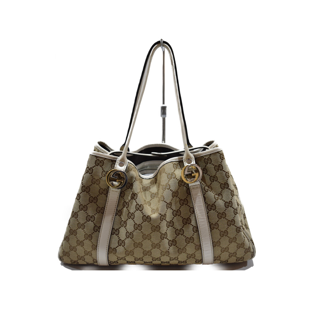 Gucci GG Twins Beige Tan Off White Canvas Leather Handbag
